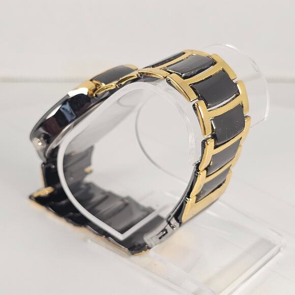 Orlando Black Gold Tone Quartz Analog Watch with Link Band 7.25" Wrist - Picture 14 of 16